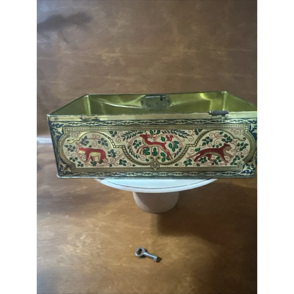 Antique metal/tin box from candy/biscuits?-Early 1900's-Made in England w-key
